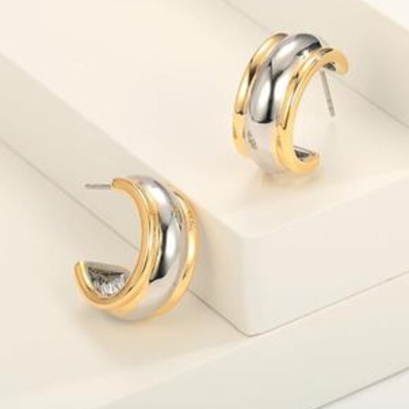 Two-Tone Wide Hoop Earrings | Gold & Silver Chunky Lightweight Open Hoops - Picture 1 of 5